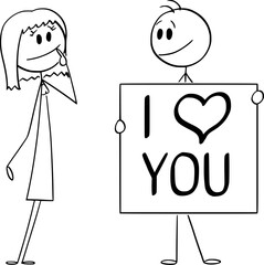 Man Holding I Love You Sign , Vector Cartoon Stick Figure Illustration