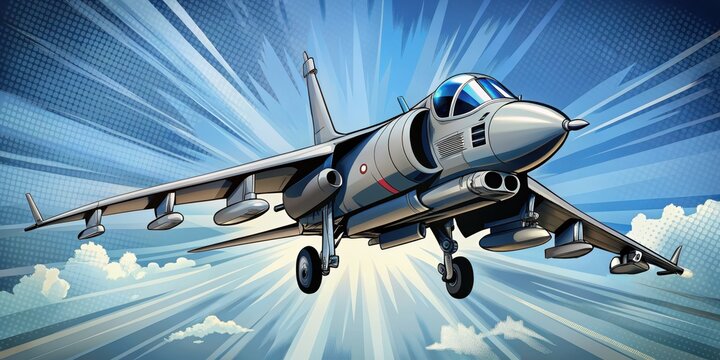 Comic style British Royal Air Force Harrier Jump Jet flying in the sky, aircraft, military, aviation, fighter, airplane