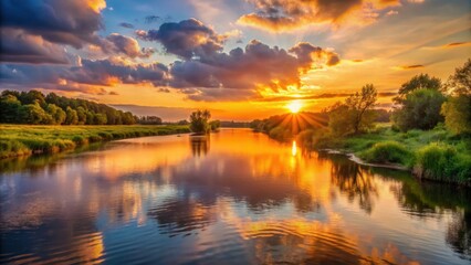 Fototapeta premium Sunset casting a warm glow over a peaceful river , evening, water, sun, reflection, dusk, tranquil, serenity, scenic