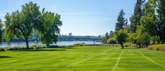 The Riverfront City Park, green open space, lawn field, near Peter Courtney Minto Island Bridge over Willamette River in Salem, Oregon