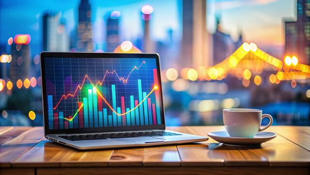 Vibrant graph and chart diagrams on a modern laptop screen, surrounded by coffee cups and papers, against a blurred cityscape background lit up at dusk.