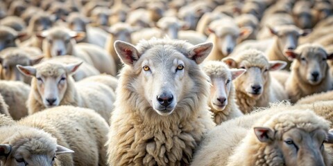 Obraz premium A wolf disguised among peaceful sheep in a flock, hidden danger, deception, camouflaged, predator, prey, disguise, wildlife