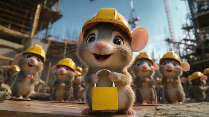 A group of cute mice wearing yellow hard hats stand in front of a construction site, with one holding a padlock in its paws.