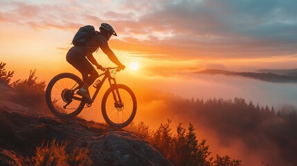 Obraz premium capturing the moment of a cyclist riding a mountain bike during sunset, surrounded by a foggy atmosphere and vibrant landscape