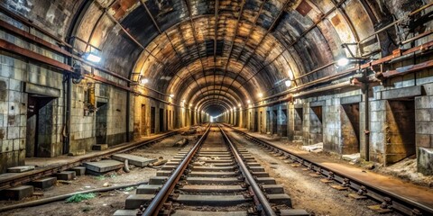 Obraz premium Decrepit underground tunnel with rusty rail tracks, showing signs of decay and neglect , abandoned, dark, eerie, old