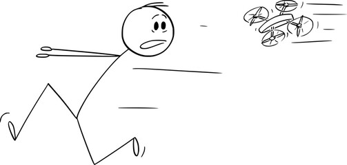 Drone Chasing Person , Vector Cartoon Stick Figure Illustration