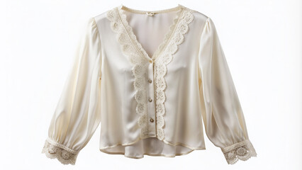 Obraz premium Softly draped white silk blouse with delicate lace trim and elegant buttons, isolated on a plain white background, perfect for fashion and clothing designs.
