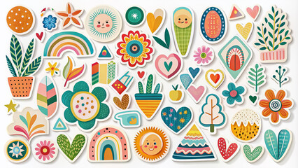 Colorful sticker designs featuring abstract shapes, geometric patterns, and whimsical illustrations on a white background, perfect for scrapbooking, journaling, and crafting projects.
