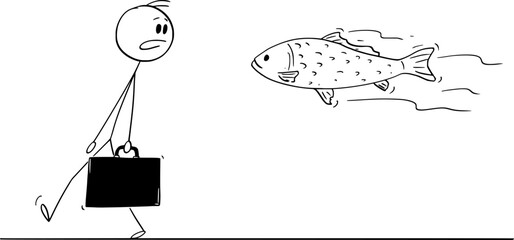 Shocked Person Watching Fish Swimming Around , Vector Cartoon Stick Figure Illustration