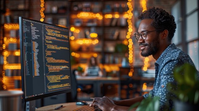 A highly realistic image of a person engaged in Software Developer &ndash; Writing code in a coworking space The scene is well-lit, with natural light highlighting the details. The background is slightly 