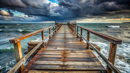 Rustic wooden dock worn by time and harsh marine weather, with cracked planks and rusty railings, stands against a stormy gray sky and turbulent sea.