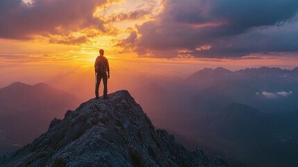solitary trek through the mountains at sunset, experiencing the calm and beauty of nature as day turns to night
