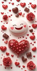 A cheerful emoji surrounded by hearts, chocolates, and roses, celebrating love and affection.