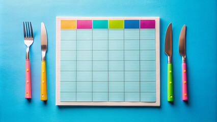 A colorful weekly meal planner template with empty spaces for notes and a kitchen utensil pen on a bright blue background, ready for organization.