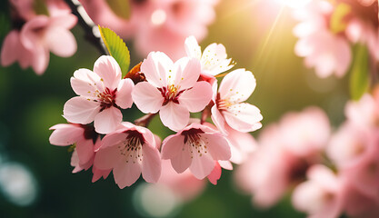 Obraz premium beautiful pink cherry blossom soft focus green leaves sunlight