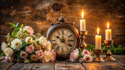 A sentimental bronze clock with roman numerals surrounded by fresh flowers and candles on a rustic wooden table, commemorating a decade of love and memories.