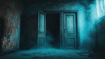 Obraz premium A dimly lit room with two open doors, shrouded in mist, evoking a mysterious atmosphere.