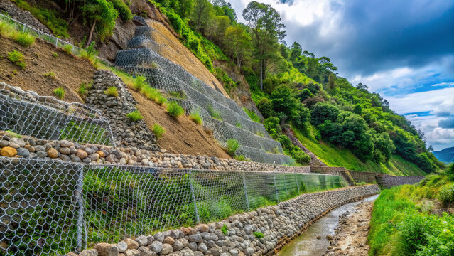 Riprap and geotextiles protect a steep slope from erosion, with dense vegetation and wire mesh barriers stabilizing the soil in a scenic environmental setting.