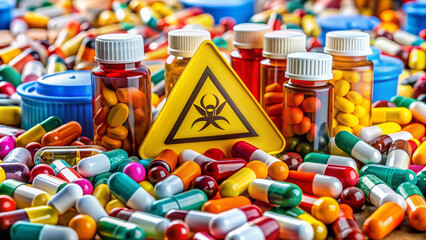 Colorful pills and medication bottles surrounded by overlapping prescription labels and warning signs, illustrating potential dangers of harmful drug interactions.
