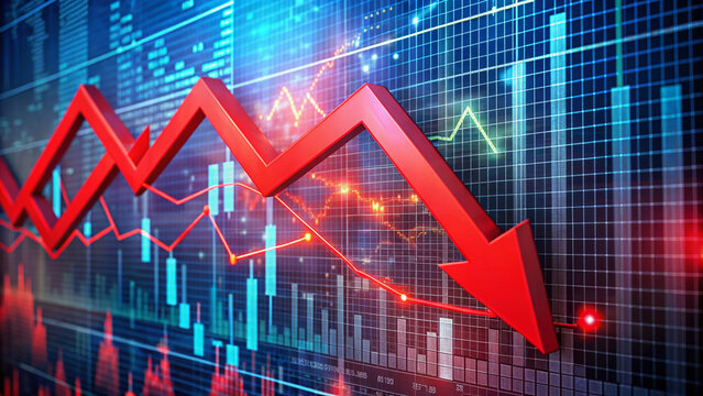 A dramatic red downtrend arrow plunges through a chaotic scattered graph of stock prices and charts on a dark background, symbolizing market crash.