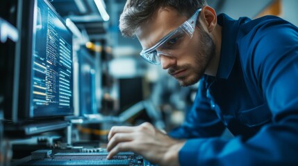 Technician wearing safety glasses working on electronics manufacturing plant 