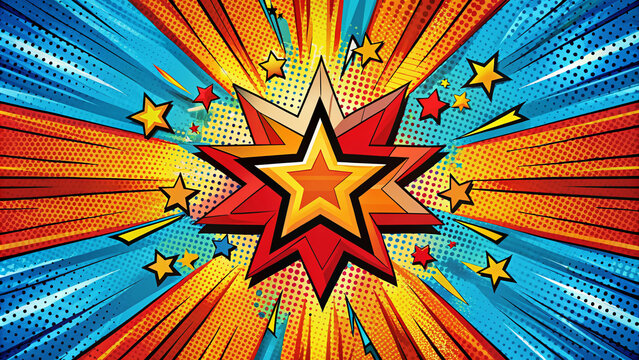 Colorful retro comic book cover illustration featuring dynamic superhero logo, bold typography, and abstract explosion background with stars and streaks.