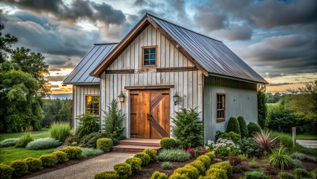 Rustic farmhouse exterior featuring white board and batten siding, wooden door, and vertical wooden planks, surrounded by lush greenery and overcast sky.