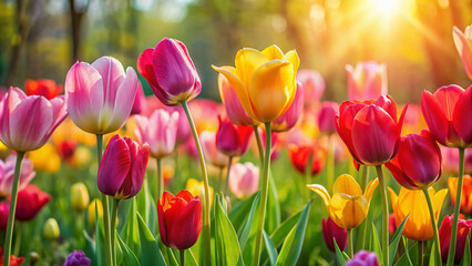 Vibrant tulips in shades of pink, yellow, and red bloom in a lush green meadow, swaying gently in the warm sunlight of an early spring day.