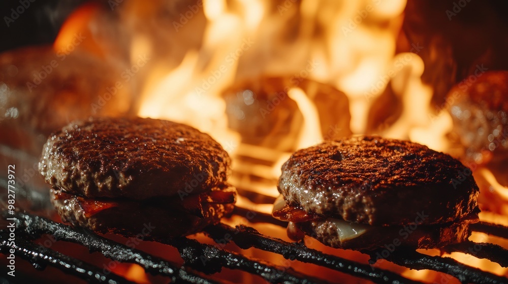 Poster Juicy burgers grilling over an open flame, showcasing a delicious cooking process.