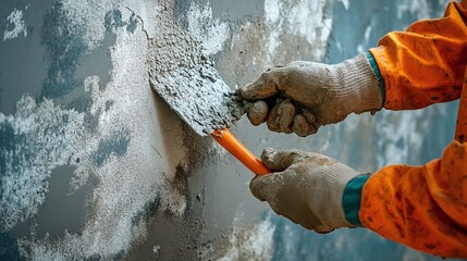 hardworking young worker applying cement with a trowel on a wall at a construction site, representing productivity in the building industry