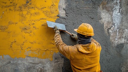 young worker applying cement to a wall with a trowel at a construction site, emphasizing the importance of craftsmanship in building