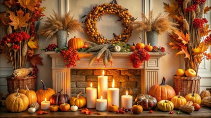 A beautifully decorated fireplace showcases an array of pumpkins candles and autumn leaves capturing the essence of fall with its vibrant colors and festive spirit