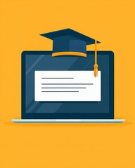 Online education concept featuring a graduation cap on a laptop with a certificate, symbolizing digital learning and achievement.