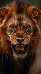 fierce lion with an aggressive grin its eyes glowing red and yellow as it opens wide its mouth to show sharp teeth the fur on its head is dark brown the mane long and thick