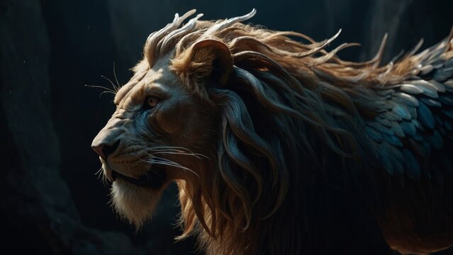 Lion with Glowing Eyes in the Dark