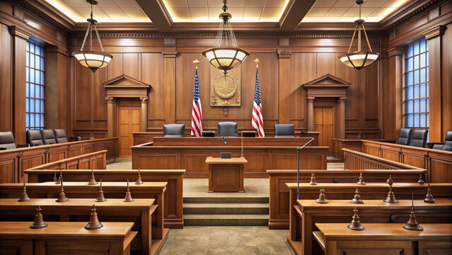 Empty courtroom with wooden benches, flags, and scales of justice, symbolizing fairness and equality, with a sense of seriousness and formalness in the atmosphere.