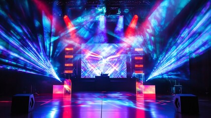 abstract lighting and colorful LED projection screens on stage, enhancing the dynamic performance with immersive visual effects and technology