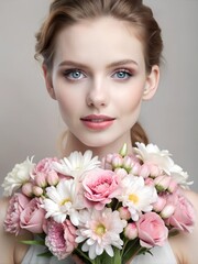 Fototapeta premium beautiful lady with flowers, woman holding flowers
