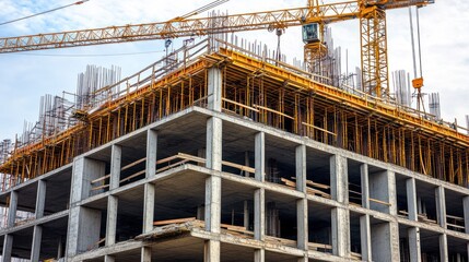 Construction site featuring a concrete structure with scaffolding and a crane.