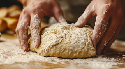 Fototapeta premium Hands covered in flour expertly shape dough creating a warm inviting atmosphere