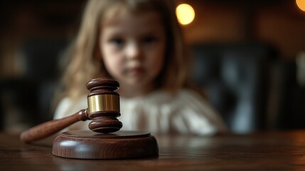 legal custody ruling with a blurred child in the background and a judge’s hammer in focus, representing court decisions and family protection