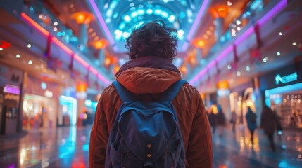 Fototapeta premium A highly realistic image of a person engaged in Organizing a scary scavenger hunt in the mall The scene is well-lit, with natural light highlighting the details. The background is slightly blurred 