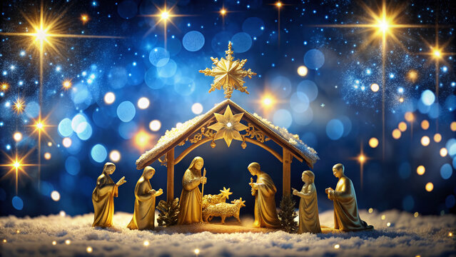 Golden illuminated nativity scene with ornate decorations and subtle bokeh lights on a dark blue velvet background with subtle snowflakes and starry night sky.