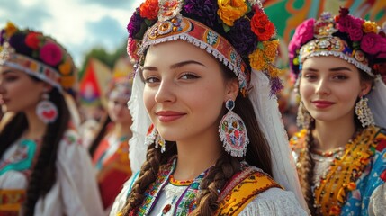 Kalmykian folk attire, worn by women during a festival parade, with traditional accessories and headpieces