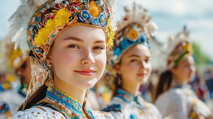 Kalmykian folk attire, worn by women during a festival parade, with traditional accessories and headpieces