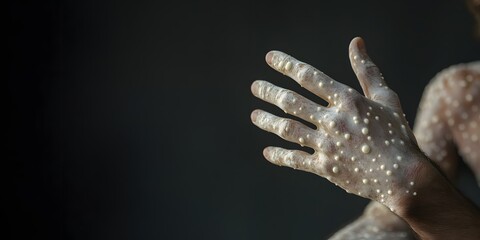 Male hands affected by blistering rash because of monkeypox. Patient with Monkey Pox