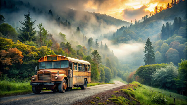 A vintage rusty old school bus parked alone on a misty morning road surrounded by lush green trees with foggy hills in the background.
