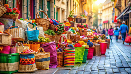 Naklejka premium Colorful shopping bags and baskets filled with various products are scattered around a modern city street, conveying a lively atmosphere of busy consumerism.