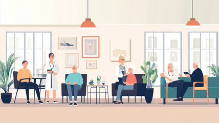 Illustration, retired people in a nursing home in the common living space with nursing staff. Elderly people sitting in a chair in the common living room. Aged people together in a retirement home.