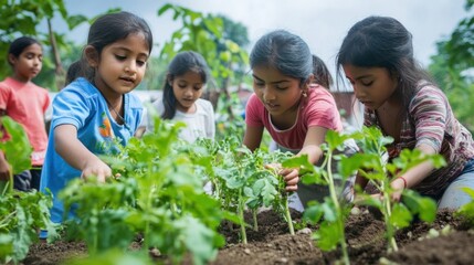 Kids engaged in sustainable agriculture, participating in an educational program about organic farming and nature conservation
